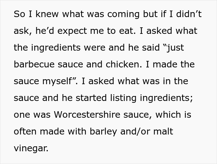 Text details discussion about gluten-free meal concerns with Worcestershire sauce ingredient.