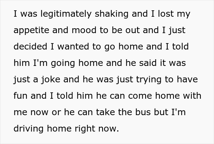 Text excerpt describing feelings after a husband dangled wife over parking garage edge prank, leading her to go home.