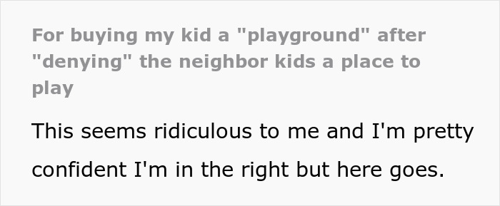 Text post discussing a woman buying a swing set for her kid amid friend accusing her of flexing wealth.