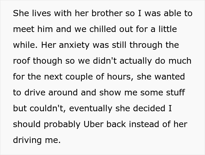 Text about a guy's visit to his long-distance girlfriend, who is anxious and suggests he takes an Uber back.