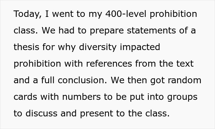 College student discusses group project on diversity's impact on prohibition in class setting.
