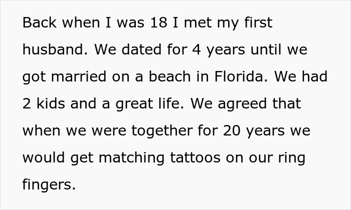 Text describing a memory of meeting a first husband, marriage, and choosing matching tattoos.