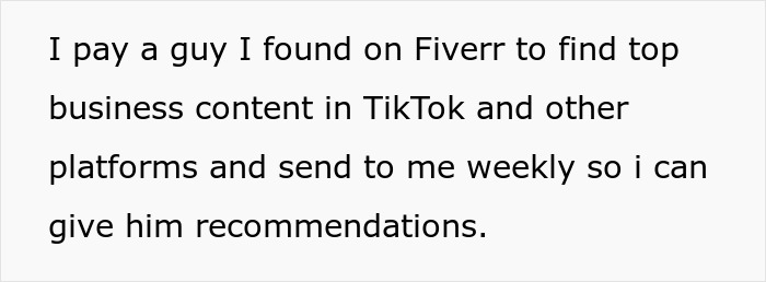 Fiverr user sending business content from TikTok weekly for recommendations.