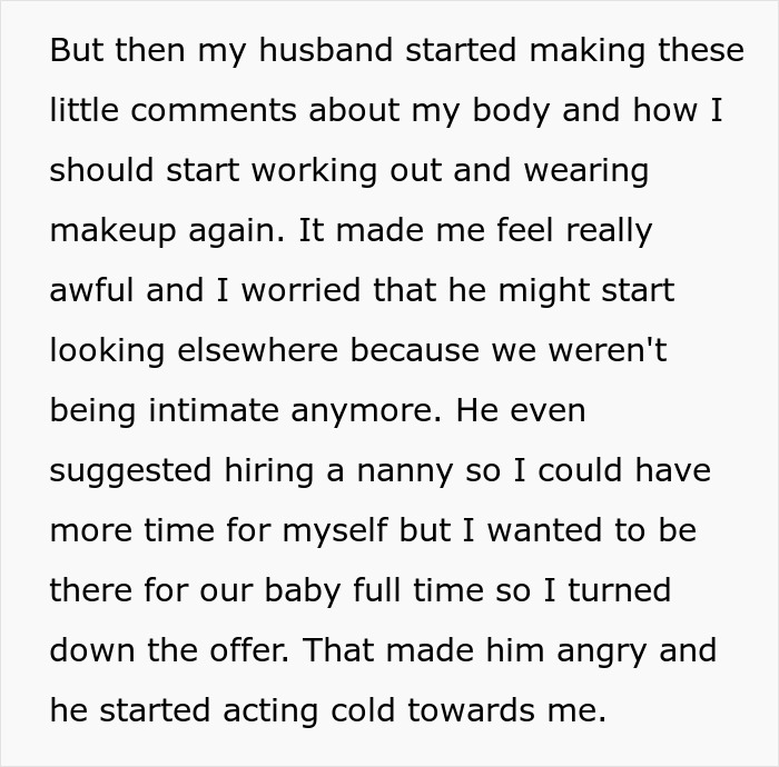 Text describing relationship tension and comments on weight loss and intimacy between a wife and husband. Text describing relationship tension and comments on weight loss and intimacy between a wife and husband.