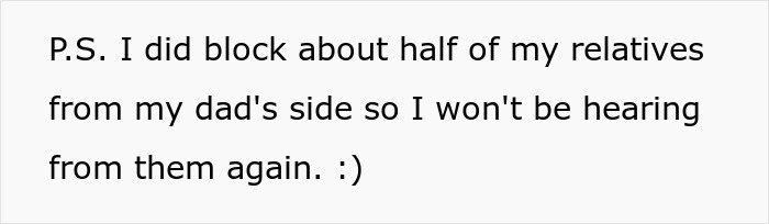 Text about family relations and blocking relatives for personal reasons.