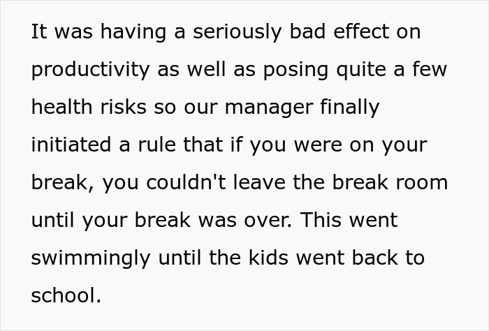 Text discussing break policy effects on productivity and health risks. Manager enforces strict break room rules.