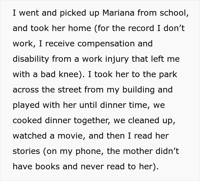 Text about caring for a friend's daughter, park visit, dinner, and reading stories.