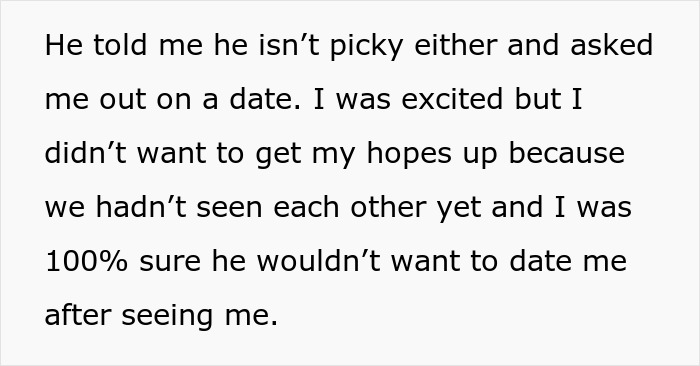 Text about a woman's experience of a self-described ugly man rejecting her due to his standards. Text about a woman's experience of a self-described ugly man rejecting her due to his standards.
