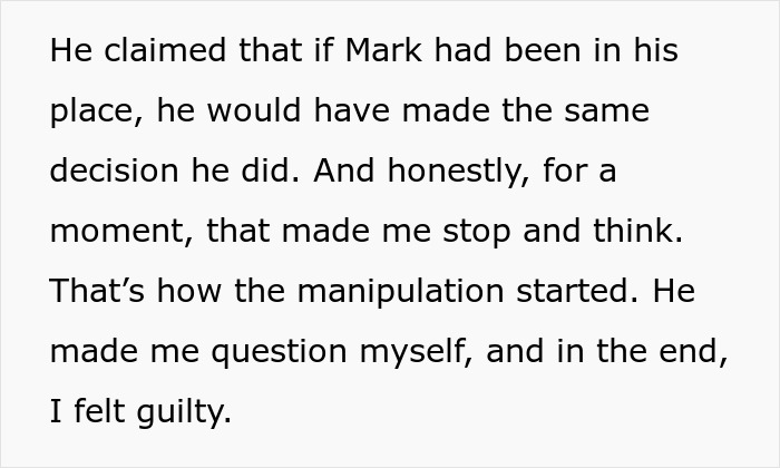 Text about a man feeling guilty, questioning himself due to manipulation over an affair baby and wife unable to have kids.