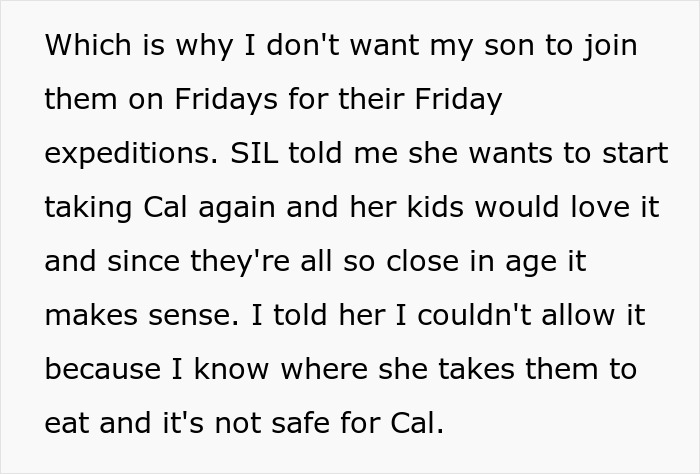 Text about SIL disregarding allergies, dad concerned about son's safety, mentions Friday expeditions with SIL's kids.