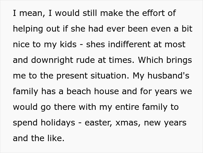 Text discussing a woman's dilemma about excluding her entitled sister from Easter vacation plans.