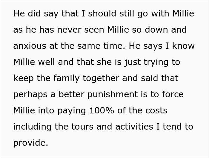 Text conversation about paying for trip costs and family dynamics.