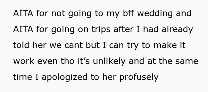 Text excerpt discussing a woman&rsquo;s decision to skip a friend&rsquo;s expensive wedding and choose an affordable getaway with her husband.