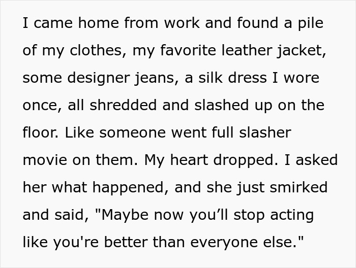 Text screenshot about destroyed clothes, including a leather jacket and silk dress, with an emotional reaction described.