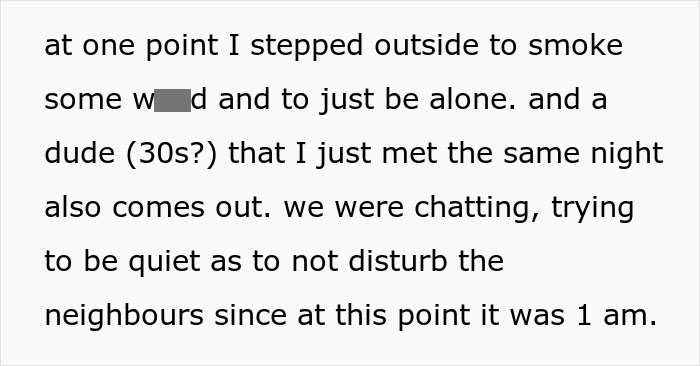 Text image discussing an encounter where a woman interacts with a man oversharing at 1 am.