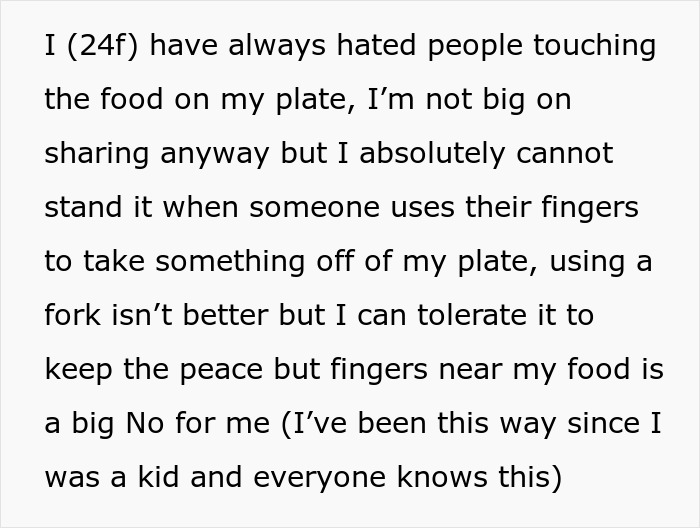 Text image about woman's dislike for others touching her food.