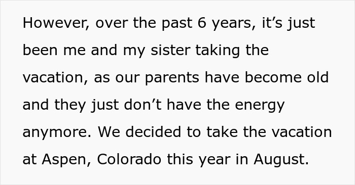 Text discussing family vacation plans in Aspen, Colorado without parents.