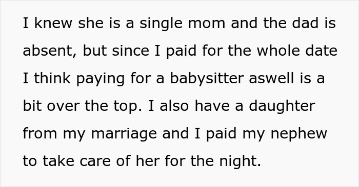 Text excerpt discussing a date where a man feels paying for a babysitter is excessive. Text excerpt discussing a date where a man feels paying for a babysitter is excessive.