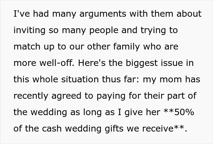 Text discussing parents wanting 50% of wedding gifts in exchange for funding the reception.