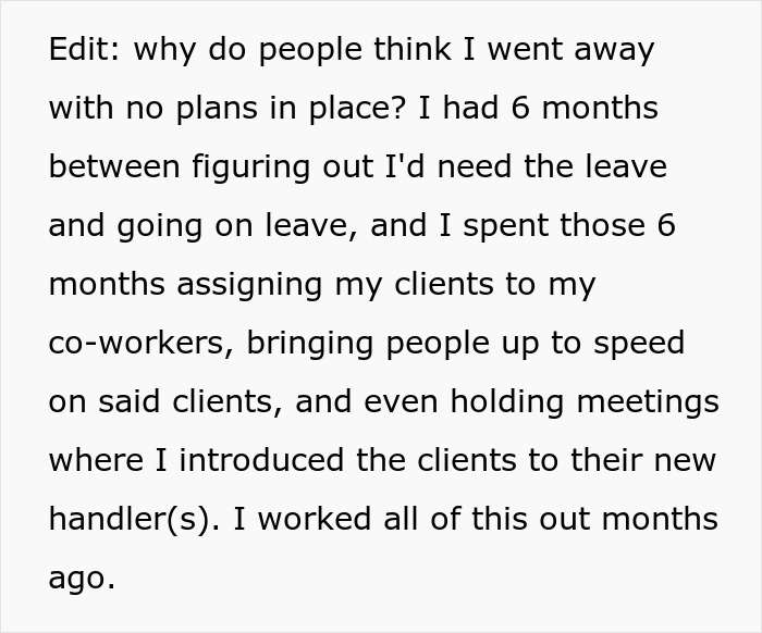 Text discussing woman's maternity leave preparation and client reassignment plans. Text discussing woman's maternity leave preparation and client reassignment plans.