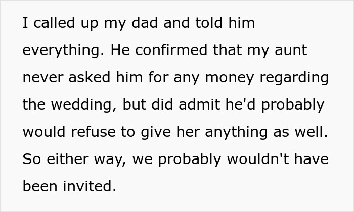 Text snippet discussing a dad's reaction to a wedding money request from his sister.