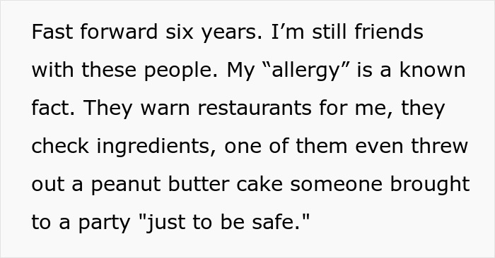 Text about a fake allergy involving friends warning restaurants and checking ingredients for safety.