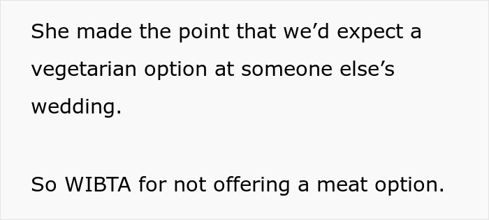 Text discussing expectation of vegetarian options at weddings and asking if not offering a meat option makes someone a jerk. Text discussing expectation of vegetarian options at weddings and asking if not offering a meat option makes someone a jerk.