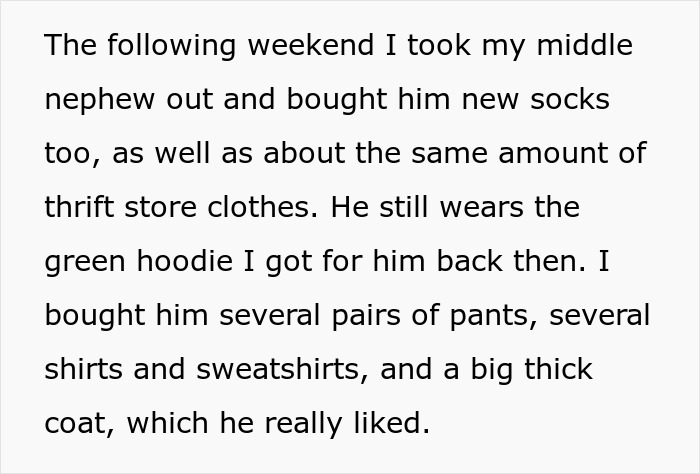 Text discussing nephew's new clothes, highlighting socks and thrift store items, shared in a custody-related context.