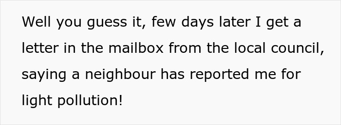 Letter from local council about a neighbor's light pollution complaint. Letter from local council about a neighbor's light pollution complaint.