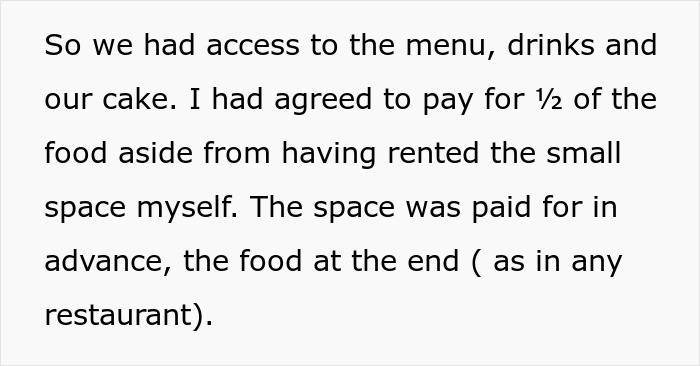 Text discussing menu access, drinks, and cake expenses; agreement to pay half and rented space in advance.