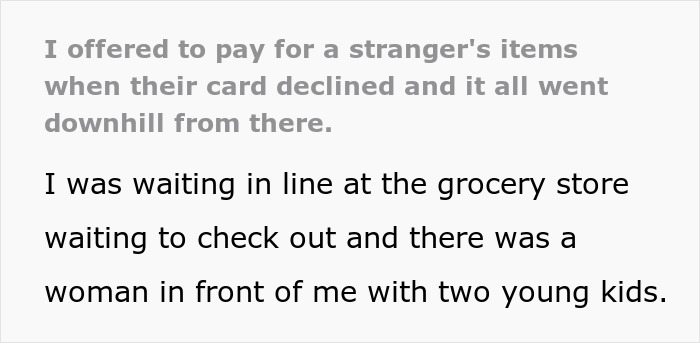 Text describing unintended charity event triggered by a kind gesture at a grocery store checkout line.