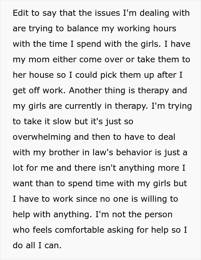 Text discussing a woman's struggle with work-life balance and issues with her brother-in-law acting spitefully.