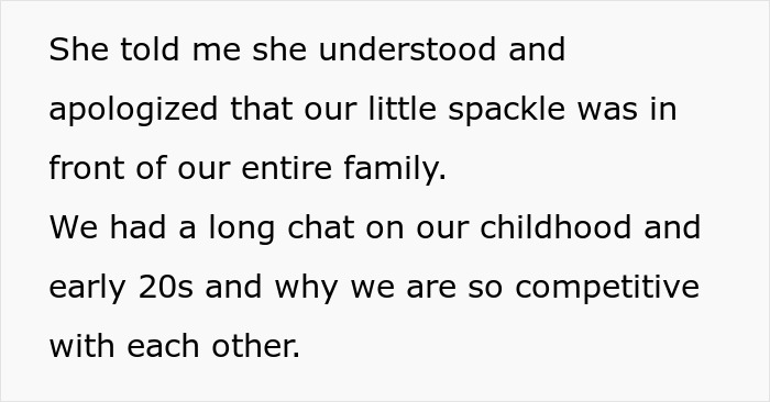 Text discussing a family conversation about competitiveness and tradition, reflecting on changing tradition and sister dynamics. Text discussing a family conversation about competitiveness and tradition, reflecting on changing tradition and sister dynamics.
