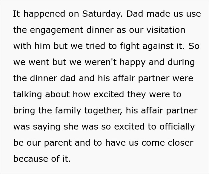 Text recounting emotions at an engagement dinner, highlighting family tension and discomfort.