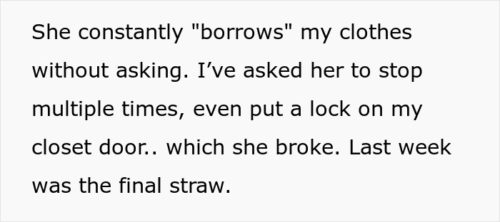Text detailing a sister repeatedly taking clothes without permission, leading to conflict.