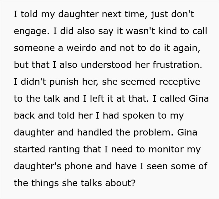 Text exchange about a teen calling a mom a weirdo, discussing phone privacy and parental concerns. Text exchange about a teen calling a mom a weirdo, discussing phone privacy and parental concerns.