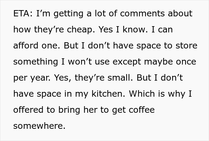 Text image discussing kitchen space issues related to storing coffee makers.