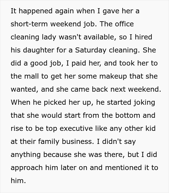 Text screenshot about a woman&rsquo;s weekend job, involving a daughter&rsquo;s role and her father joking about family business future.