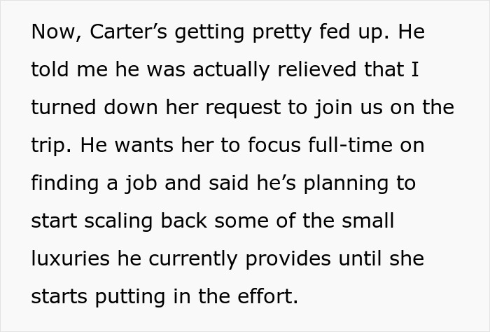Text about Carter's frustration over a cousin's trip request after not being invited to a wedding.