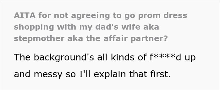 Text discussing conflicts with stepmom over prom dress shopping after an affair.