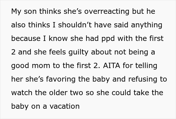 Text discussing tension between grandma and daughter-in-law over baby favoritism.