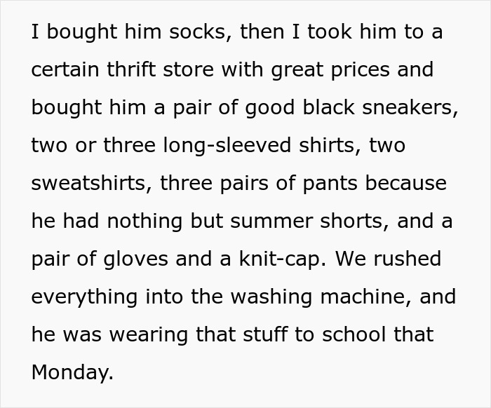 Text recounts buying clothing for a child at a thrift store, highlighting care and preparation for school.