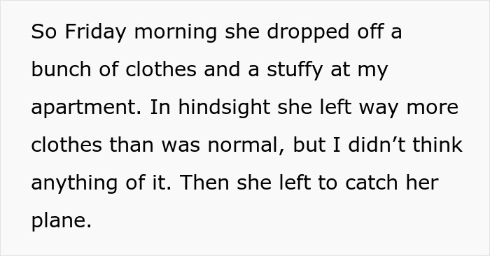 Text excerpt about a woman leaving clothes and a toy before catching a plane.