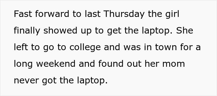 Text excerpt about a student discovering her laptop was sold after not picking it up for 9 months.