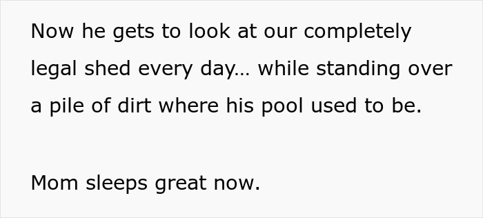 Text about neighbor&rsquo;s complaint over an illegal shed leading to a pool removal.