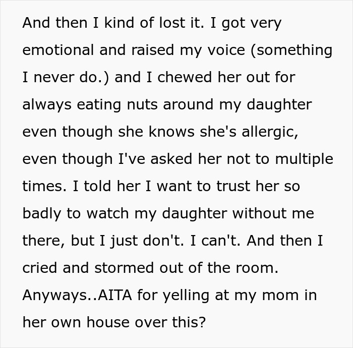 Emotional text about trust issues and allergy concerns involving nuts and a granddaughter&rsquo;s safety.