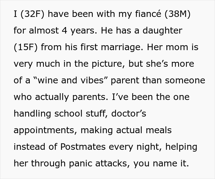 Text about a woman discussing challenges with fianc&eacute;'s daughter and her role compared to the biological mother's.