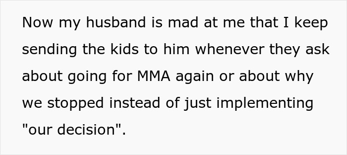 Text discussing dad's views on kids' MMA classes as too aggressive, mom redirecting kids' questions about it to him.