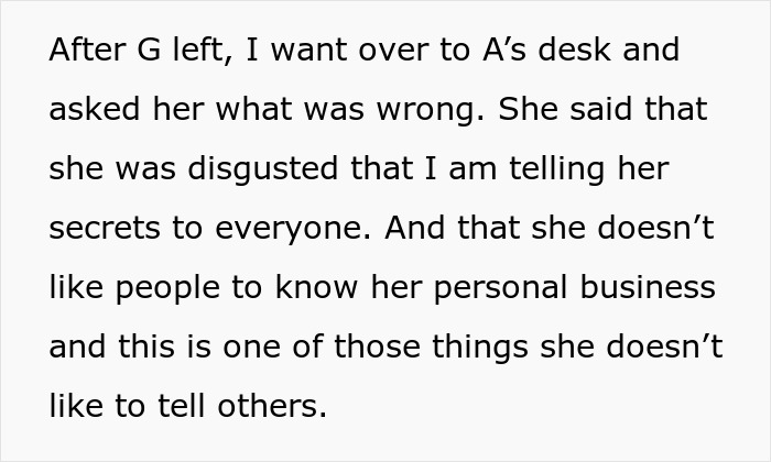 Coworker upset after gluten-free diet revealed, feeling personal privacy was breached. Text dialogue expressing dismay.