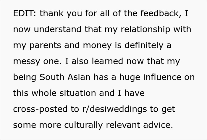 Text discussing relationship with parents and money affecting wedding gift decisions.